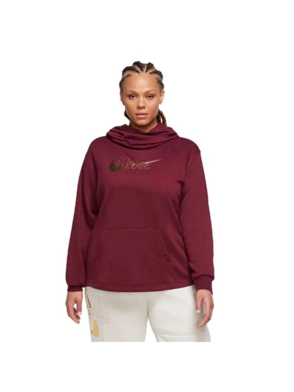 Nike Women’s icon Clash Fleece Funnel Neck Hoodie Gold Sz 1X/2X burgundy